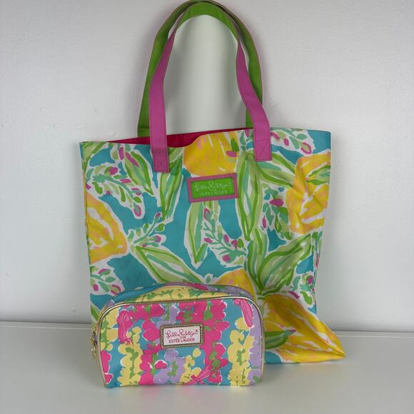 Lilly Pulitzer x Estee Lauder Womens Lemon Multicolor Tote Cosmetic Bag Set - Picture 1 of 10